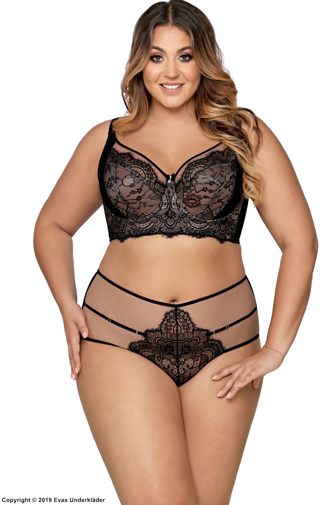 Soft longline bra, lace overlay, straps over bust, B to J-cup